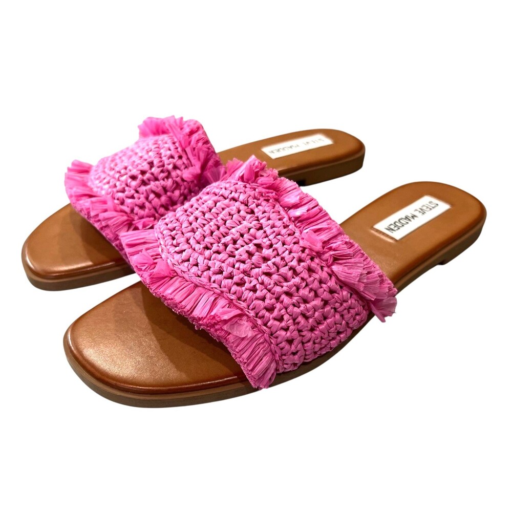 Steve Madden Lakeshore Pink Raffia Flat Slide Sandals  Size 6M  Casual Summer